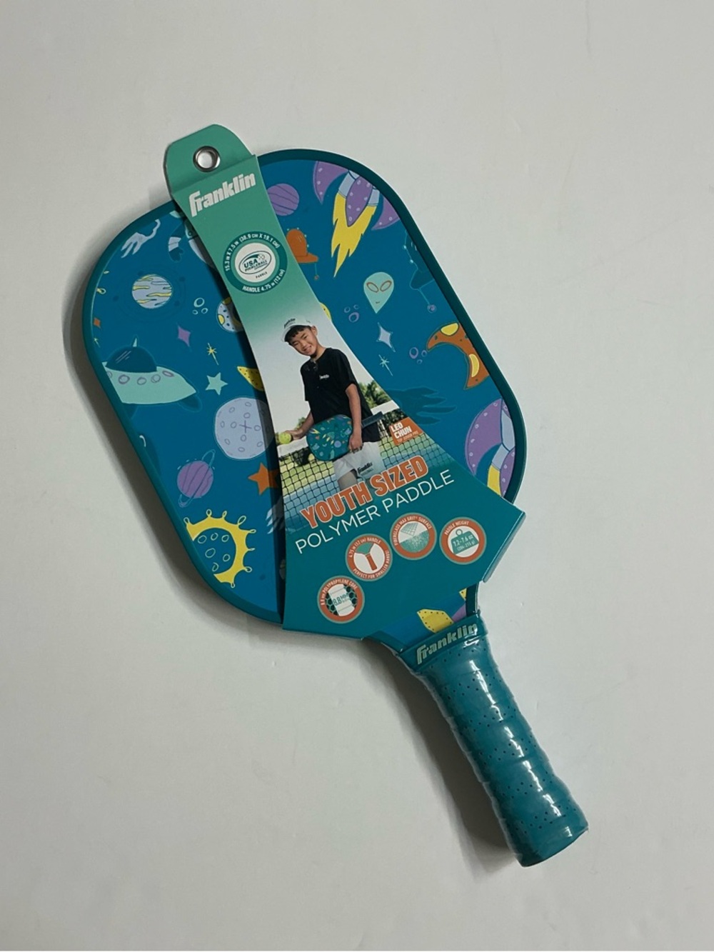 Franklin Sports Youth Polymer Pickleball Paddle in a Teal Space Print